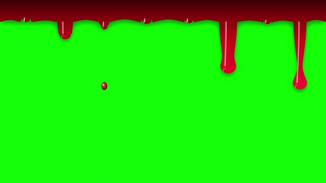 Red liquid dripping down from the top edge on a bright green chroma key background