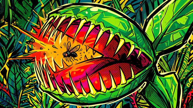 Vibrant pop art illustration of a wide open Venus flytrap poised to capture a fly