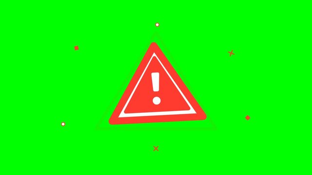 Red danger warning sign triangle animation on green screen background