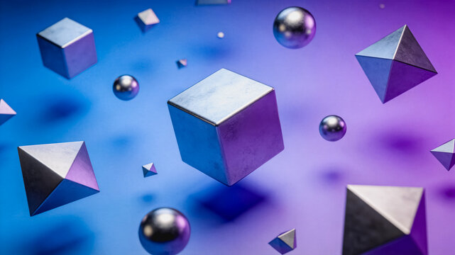 Floating Metallic Geometric Shapes On Gradient Background