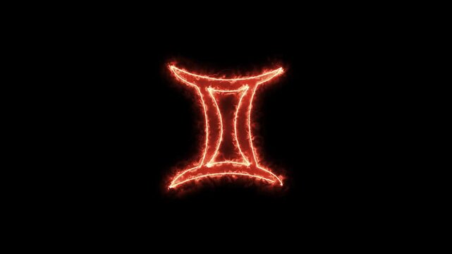 Gemini, zodiac sign with fire icon. Starry sky with black background 4k video
