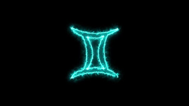 Gemini, zodiac sign with neon cyan color icon. Starry sky with black background 4k video