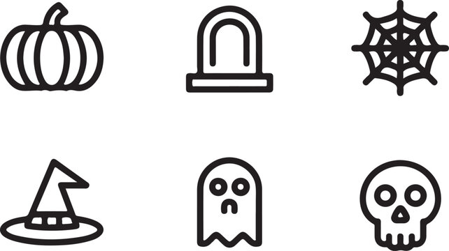 Halloween holiday outline icons featuring pumpkin and gravestone line art witch hat trick or treat halloween