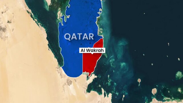 Animated map footage highlighting Qatar and Al Wakrah region borders
