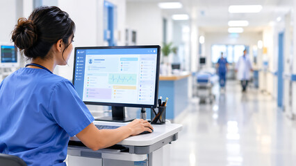 Female nurse in blue scrubs using a computer to review electronic health records