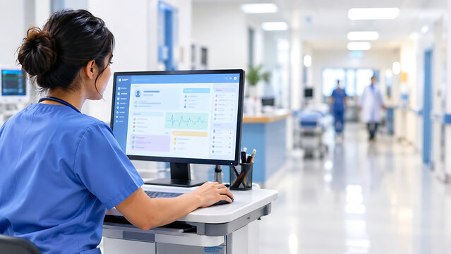 Female nurse in blue scrubs using a computer to review electronic health records