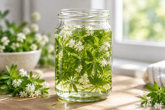 Fresh sprigs of sweet woodruff submerged in clear liquid in a jar.