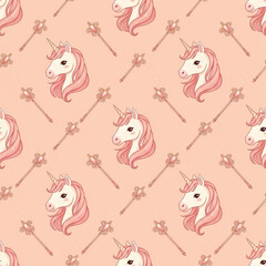 Fototapeta premium Charming unicorn portraits magic wands and sparkles on soft pastel peach seamless pattern background