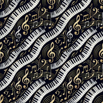 Intricate symphony of piano keys and treble clefs on deep midnight black seamless pattern background