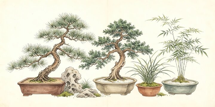 Traditional Chinese Watercolor Painting Bonsai Trees Pine Juniper Bamboo Orchid Ceramic Pots And Scholar Rocks