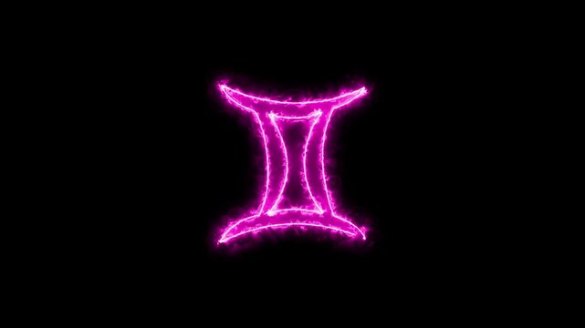 Gemini, zodiac sign with neon pink color icon. Starry sky with black background 4k video