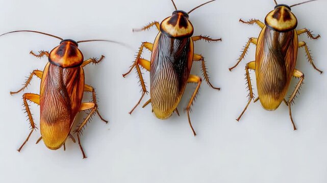 Top view of three brown cockroaches aligned on clean white background