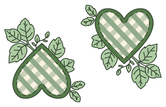 illustration of two green checkered hearts decorated with leafy botanical branches.