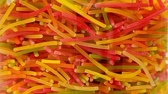 A glass jar full of Colorful Vermicelli pasta rotating isolated on white background. Dry uncooked Seviyan. Multicolored Filini pasta