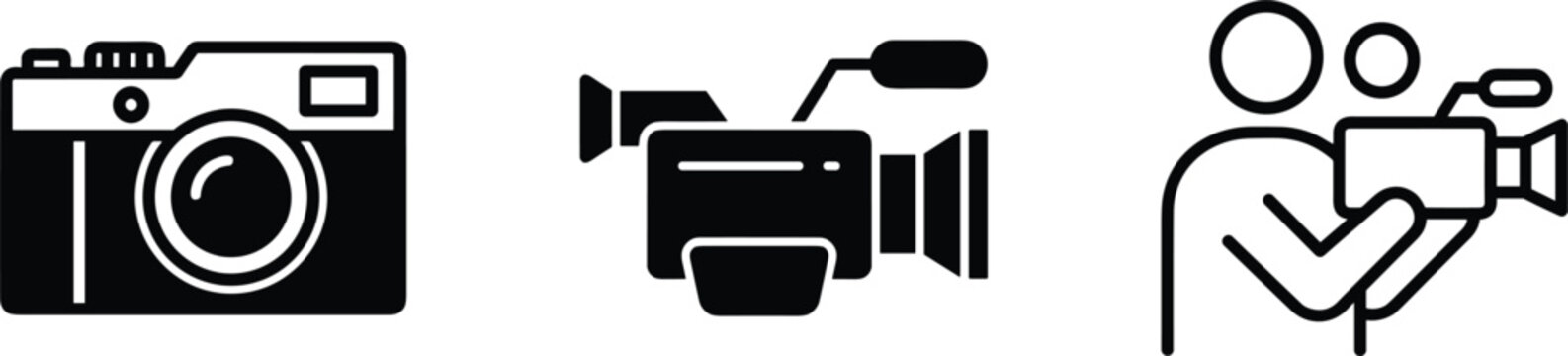 Photo camera video camcorder and cameraman operator vector icon set featuring film media equipment symbols.eps