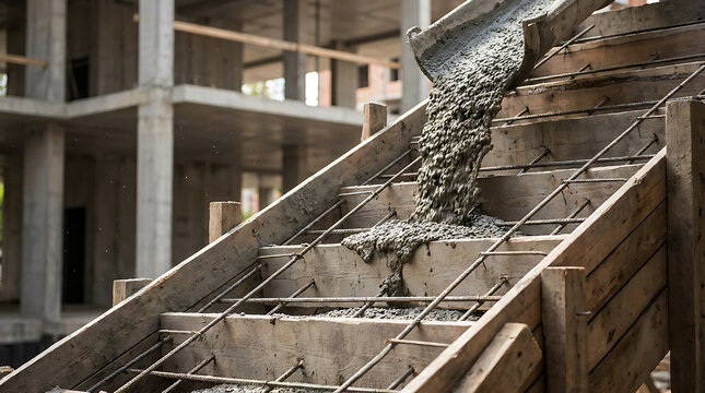Fresh concrete pouring into wooden formwork on a construction site