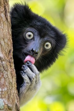 Funny lemur peeking behind tree trunk and sticking tongue out