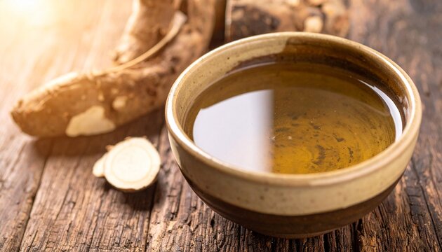 Traditional kava beverage made from fresh roots on a rustic table