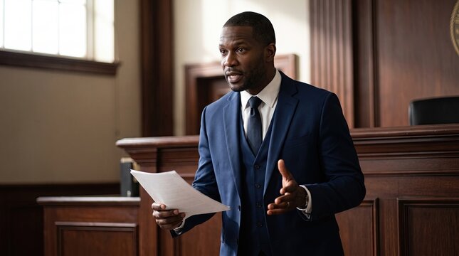 A confident black male lawyer in a professional blue suit stands in a traditional wood paneled courtroom holding legal documents while presenting a persuasive closing argument to the jury