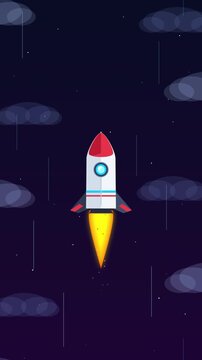 Pixel art rocket launching into starry night sky, space travel, clouds, exploration, retro game style animation