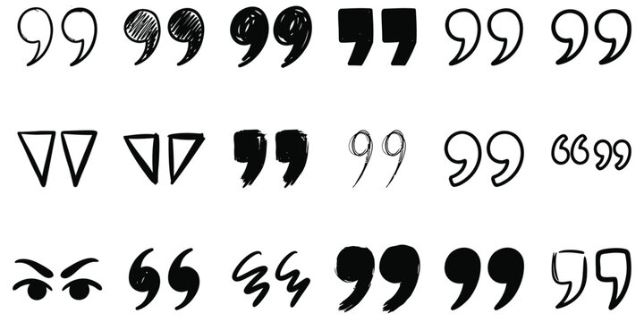 Hand drawn quotation marks vector set, black doodle quote icons, sketchy speech bubble punctuation marks for creative writing and design