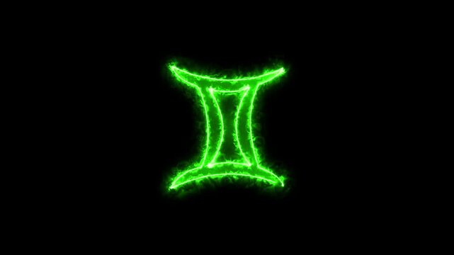 Gemini, zodiac sign with neon green color icon. Starry sky with black background 4k video