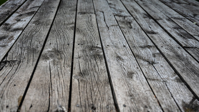 rustic grey wooden deck boards with visible grain patterns and knots. abstract texture background banner