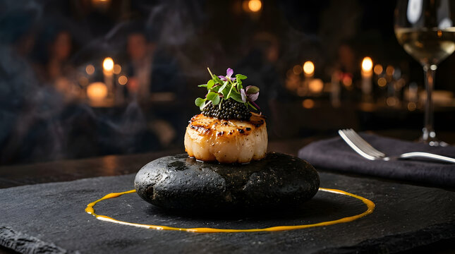 Grilled scallop topped with caviar served on a hot stone in a restaurant