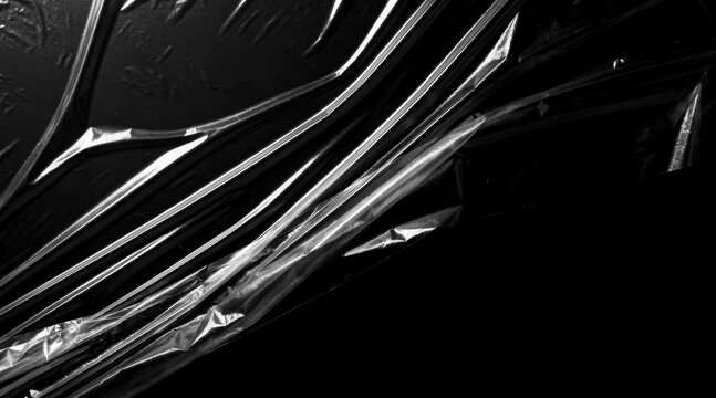 Crumpled Plastic Wrap Texture on Black Background.