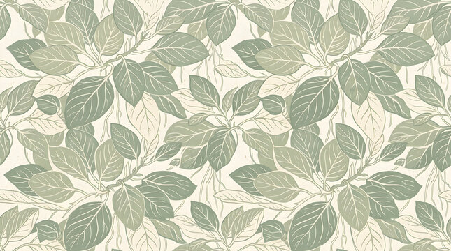 Flat seamless print pattern of overlapping banyan leaves in soft sage and cream tones on fine textured paper background design print suitable for invitation and stationery print design