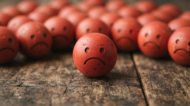 Red wooden spheres with carved sad faces on a rustic wooden surface