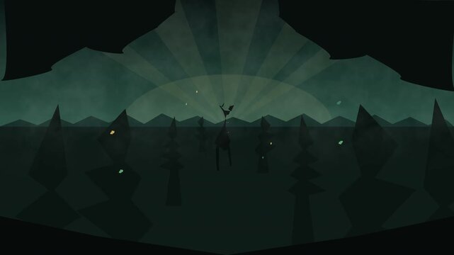 Mysterious silhouette figure in dark, moody landscape with atmospheric sun rays and glowing particles