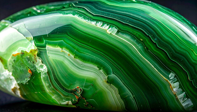 Green Agate Gemstone: A close-up macro shot reveals the stunning banded patterns and rich green hues of a polished agate gemstone, showcasing nature's intricate artistry.