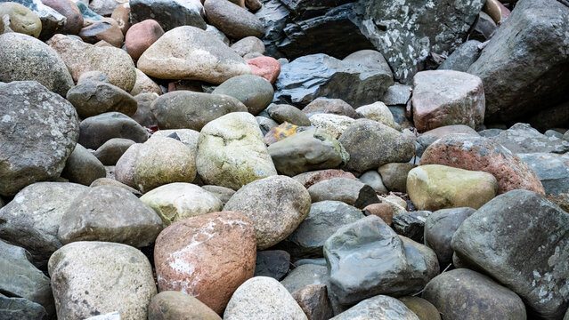 a collection of smooth, rounded river stones in various natural shades of gray, brown, and tan. riprap background banner