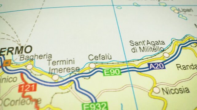 travel route from messina to palermo, sicily &ndash; gliding view over atlas map