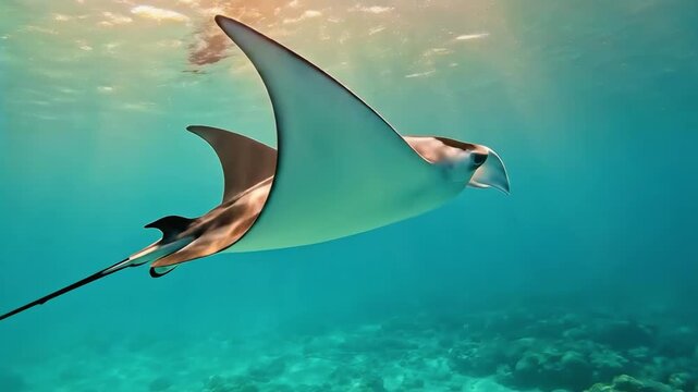 A majestic manta ray glides gracefully underwater through clear blue water. Sunlight streams down from the surface, illuminating the sandy seabed and coral formations below.