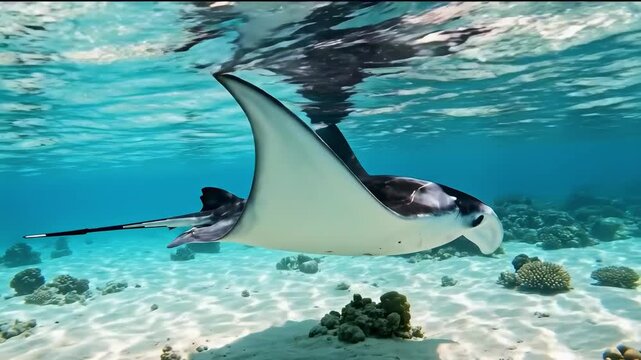 A manta ray swims underwater over a sandy seabed with coral formations. The clear blue water is illuminated by sunlight reflecting from the surface.