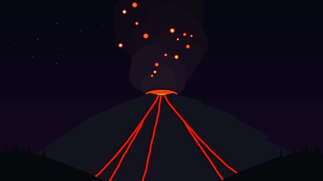 pixel art eruption with lava flow smoke ash and flying embers at night