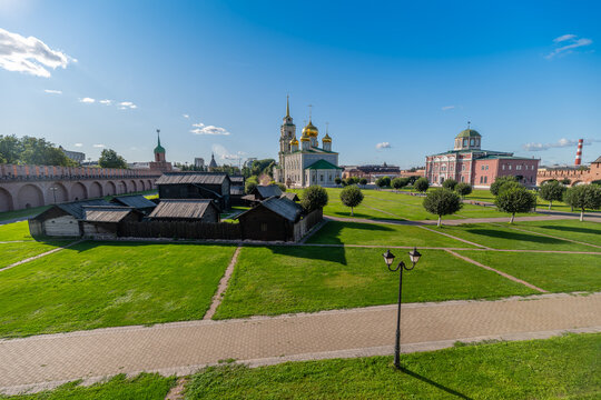 Tula Kremlin Museum showcases historic structures and beautiful greenery in Tula Russia under a bright blue sky