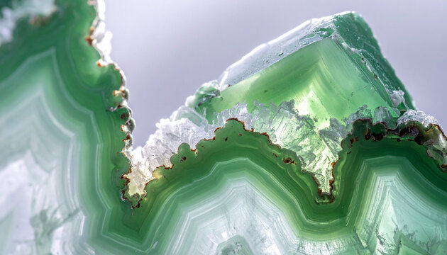 Green Agate Slice: A close-up macro photograph reveals the intricate, banded layers of a vibrant green agate slice, showcasing its natural beauty and crystalline structure.