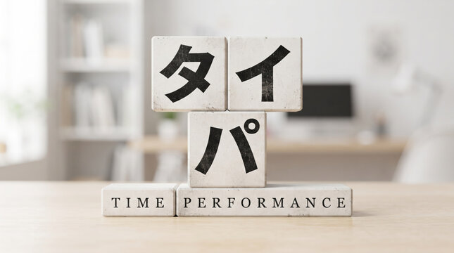 「タイパ」の文字を表示した積木ブロックと時間対効果のビジネス概念