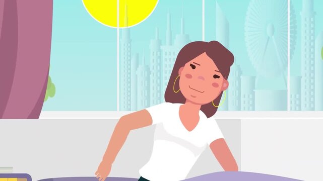 Happy Woman Waking Up in Bed and Stretching in the Morning
