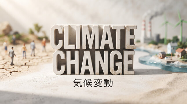 「気候変動」の文字を立体オブジェクトで表現した地球温暖化コンセプトの背景ビジュアル