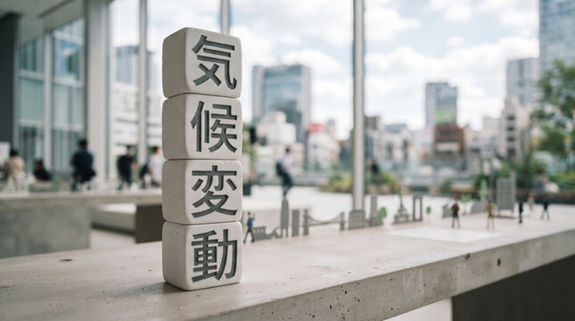 「気候変動」の文字を刻んだブロックと都市風景の環境コンセプトイメージ