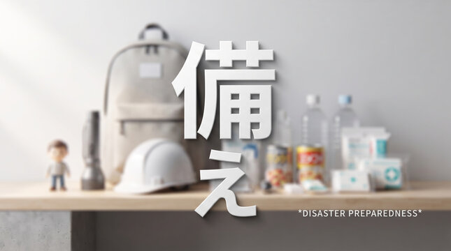 「備え」の文字を配置した防災グッズと非常用持出袋のビジュアル