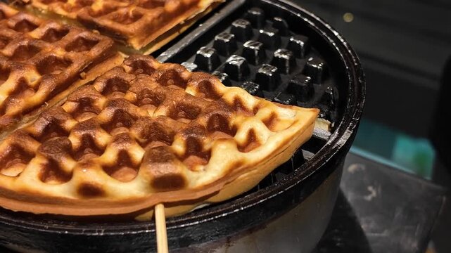 Close up of delicious golden waffles cooking in a waffle maker on a stick