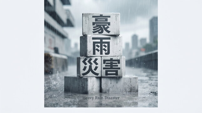 「豪雨災害」の文字を刻んだブロックと雨が降る街並みのコンセプト画像