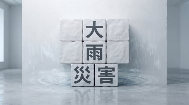 「大雨災害」の文字を表現した立体ブロックのビジュアル素材