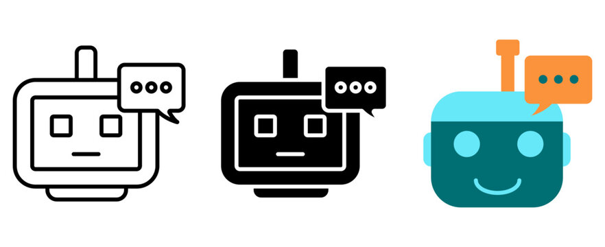 Square screen chatbot interface icon set in line icons, silhouette, and flat color styles