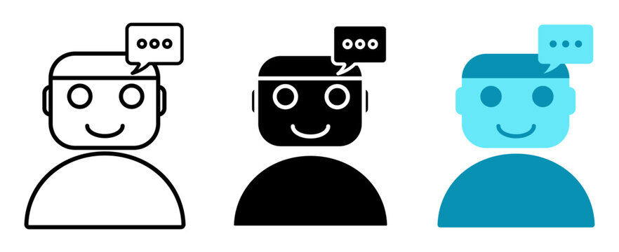 Chatbot assistant speaking profile icon set in line icons, silhouette, and flat color styles